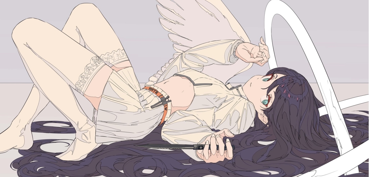 the image is a digital illustration of an animestyle girl. she has long, dark purple hair and is lying on her side. she is wearing a light beige, almost offwhite, casual outfit which includes a cropped hoodie, a short pleated skirt, and thighhigh stockings with lace trim.  part of an orange belt or strap is visible around her waist. she has large, expressive eyes, and a pair of large, stylized white wings sprout from her back. a halo, partially broken or incomplete, floats behind her.  she holds a knife near her body. the overall style is soft and somewhat surreal, combining elements of angelic imagery with a slightly darker aesthetic due to the knife. the color palette is muted and pasteltoned.