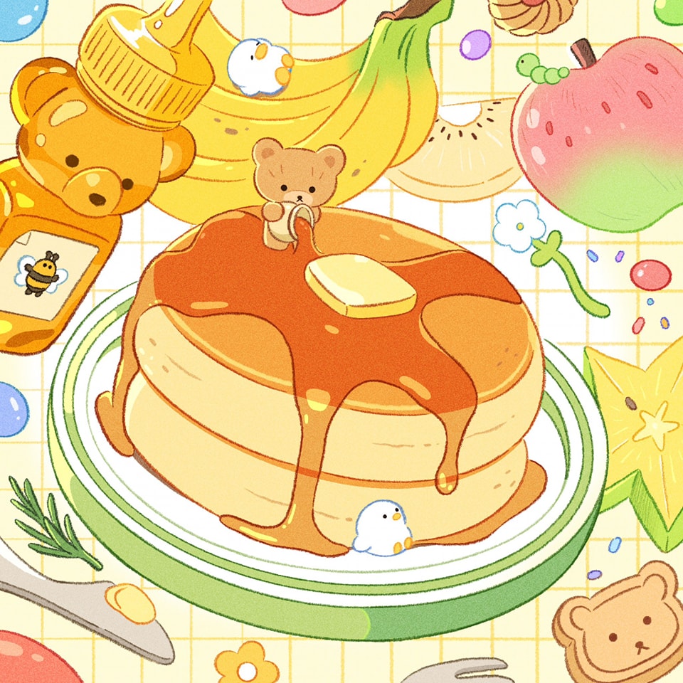 a whimsical illustration of a stack of pancakes drizzled with syrup and a pat of butter.  a small bear is perched on top, seemingly enjoying the scene.  surrounding the pancakes are various cute cartoon elements: a honey bear bottle, bananas, kiwi slices, an apple, a star fruit, small chicks, and sprinkles.  the style is very cute and colorful, with a gridlike background adding to the overall playful aesthetic.
