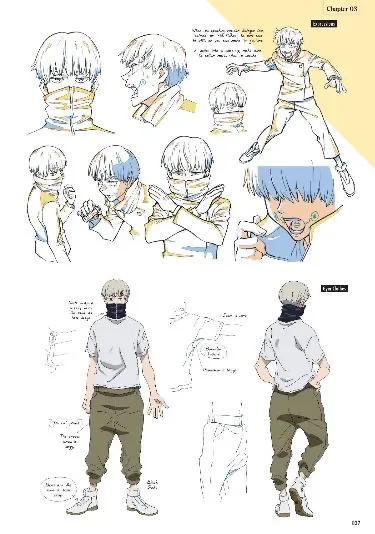 this image appears to be a character design sheet or model sheet for an anime or manga. it features various drawings of a young male character with short white hair and a black face mask. he is depicted in different poses and from multiple angles, showcasing his clothing and overall design. the sheet includes both front and side views, as well as closeups of specific details like his facial expressions. the sketches are detailed and appear to be professionally done. the overall style is reminiscent of japanese anime and manga, with a focus on dynamic poses and expressive features.