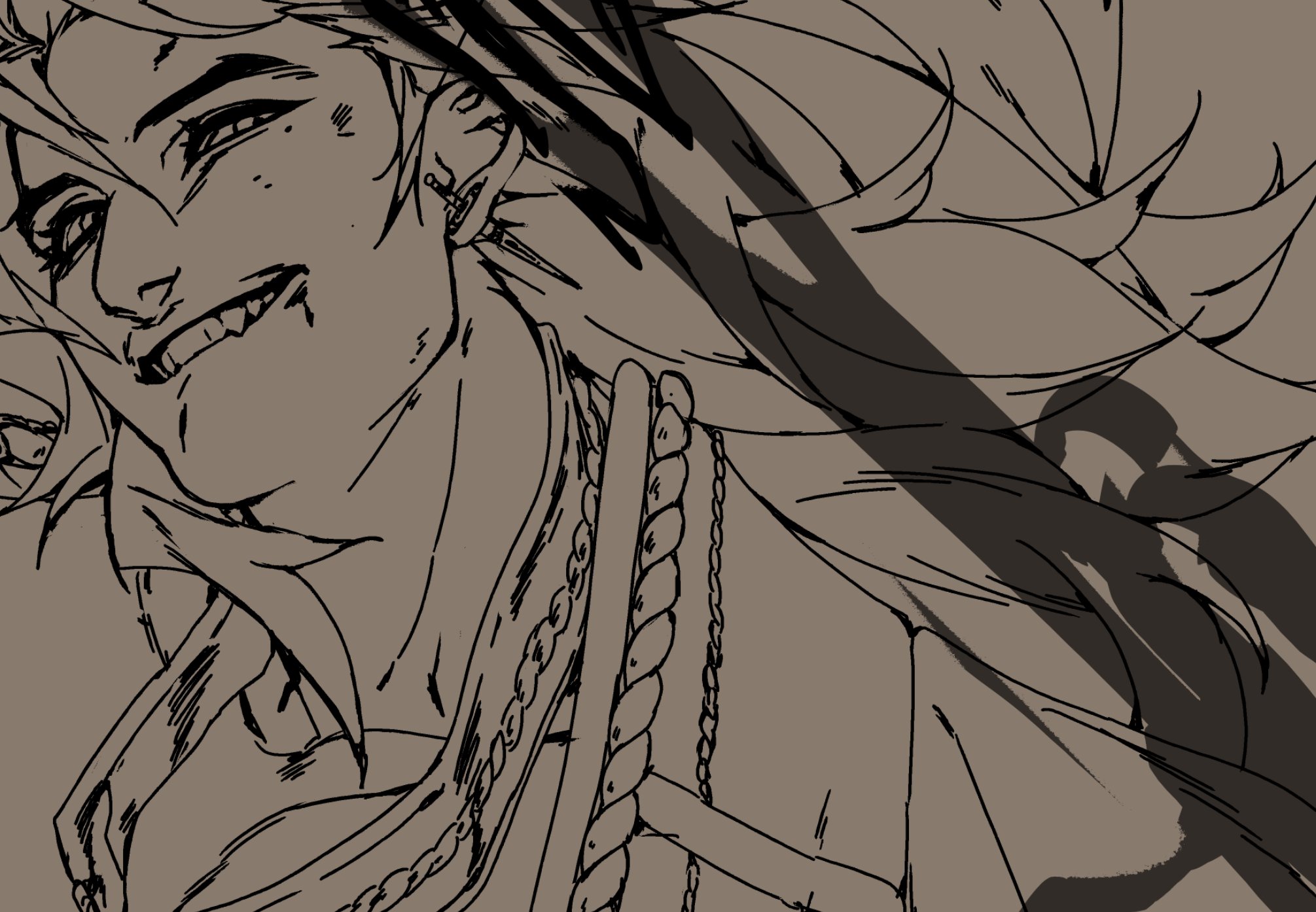 a closeup portrait of an anime male character with long, flowing hair. he has a sharp jawline and piercing eyes, a small earring in his ear, and a necklace with a rope and chain. his mouth is slightly open, revealing his teeth, as if he's about to speak or smile. the character's expression is intense, and he seems to be looking at something just outside the frame. the background is a dark, shadowy area, and the character's clothing is draped over his shoulders. the drawing style is clean and detailed, with a focus on sharp lines and contrasts. the overall feeling of the image is mysterious and alluring, and the character is clearly a powerful and charismatic figure.