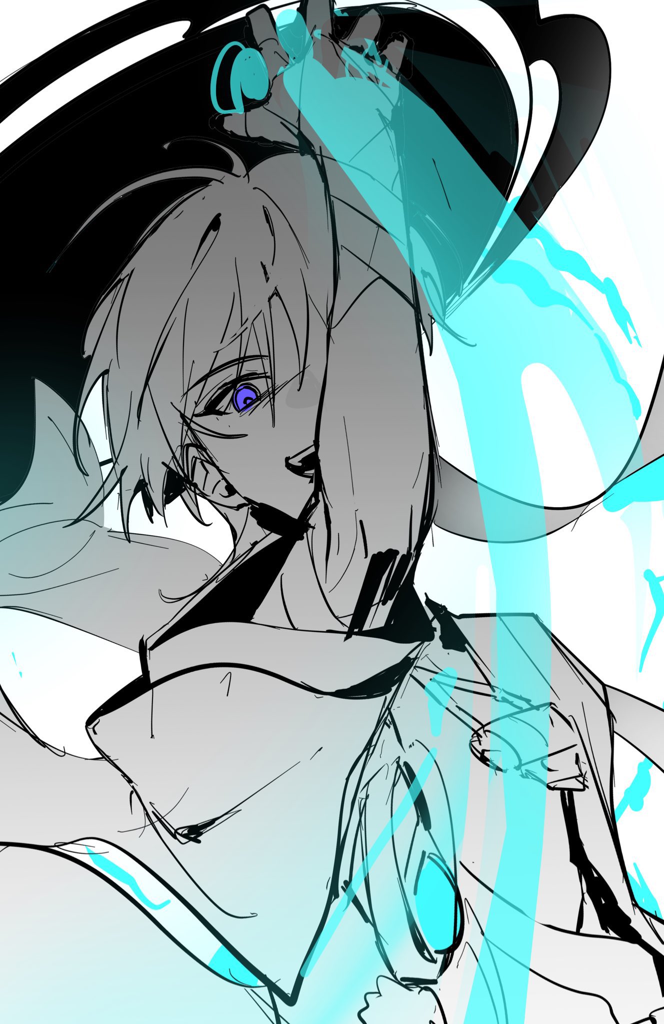 a black and white anime drawing of a character with a blue light coming from their hand. they have long, flowing hair and a cape that is billowing behind them as they attack. the drawing is done in a dynamic and expressive style. the character's eyes are full of focus and determination as they prepare to unleash their power.