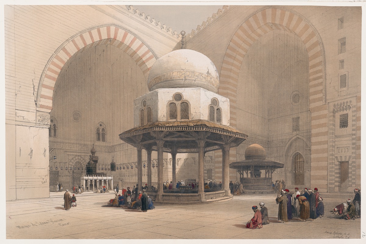 the image is a lithograph depicting the interior courtyard of the mosque of sultan hassan in cairo, egypt. the courtyard features grand arches with alternating red and white stripes, a central fountain with a dome, and groups of people, presumably worshippers, in various positions. the lithograph captures the architectural details of the mosque and the atmosphere of the courtyard, providing a glimpse into 19thcentury islamic architecture and religious life.