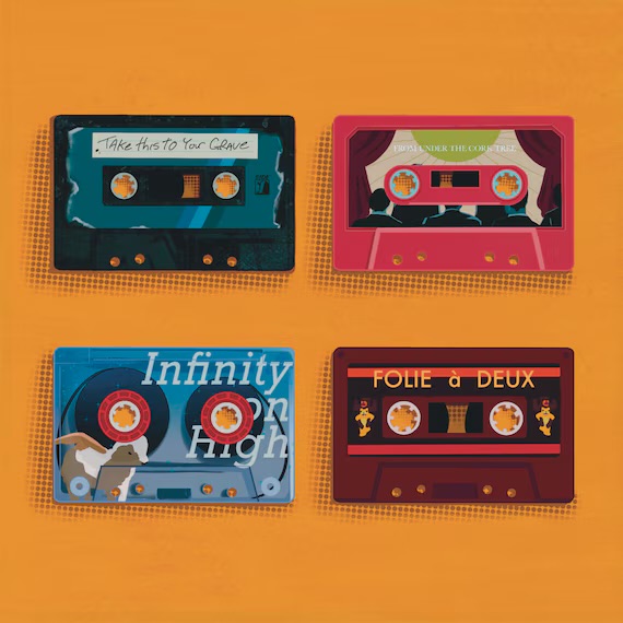 the image features four cassette tapes with different designs and titles. they are arranged in a grid formation against a yellow background, which has a subtle pattern of small polka dots. each tape has its own unique visual style, reflecting different musical genres or aesthetics. the titles on the tapes are: "take this to your grave," "frost under the corn tree," "infinity on high," and "folie à deux."  the image evokes a sense of nostalgia for a bygone era of music and technology.