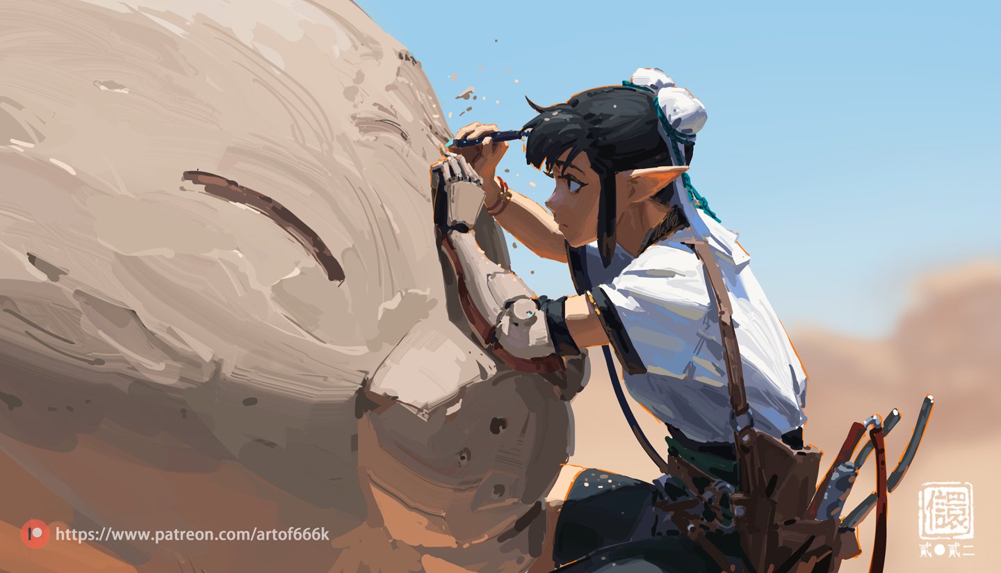 the digital painting showcases a female elflike character with a prosthetic arm meticulously sculpting a large sand formation in a desert landscape. the elf, wearing a white shirt and a brown tool belt with various tools, focuses intently on her work. her dark hair is styled simply, and her attire suggests a blend of fantasy and steampunk elements.  the style is loose and painterly, with visible brushstrokes, emphasizing the texture of the sand and the character's clothing. the background is a hazy, sundrenched desert, adding to the atmospheric feel of the piece. a patreon watermark is visible in the bottom left corner.  the overall mood is one of quiet concentration and artistic creation.