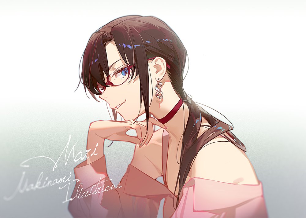 a digital art portrait of mari makinami illustrious from the anime series evangelion. she is depicted in an anime style with long brown hair, red glasses, a red choker, and distinctive earrings. her expression is a subtle smirk. she's wearing a pink top and is looking down. the words "mari makinami illustrious" are written in cursive on the left side of the image.