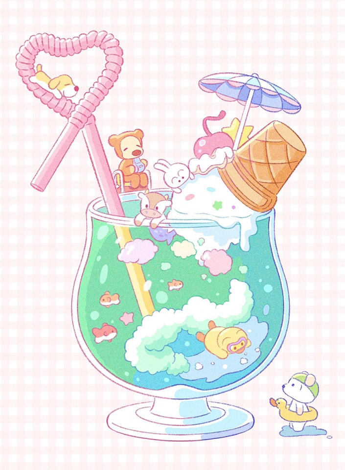 the image is a whimsical, kawaiistyle illustration of a large, colorful drink resembling a soda float. it's filled with various pastelcolored elements: a scoop of ice cream topped with a cherry and a waffle cone, cute cartoon animals (a teddy bear, bunny, cow, and dog) are playfully nestled in the drink, along with smaller details like fish and clouds. a heartshaped straw adds to the playful feel. the background is a light pink with a subtle checkered pattern. the overall aesthetic is cute, sweet, and summery, conveying a feeling of fun and lightheartedness.  a small polar bear with a life preserver floats near the drink's base, adding to the summery beach theme.