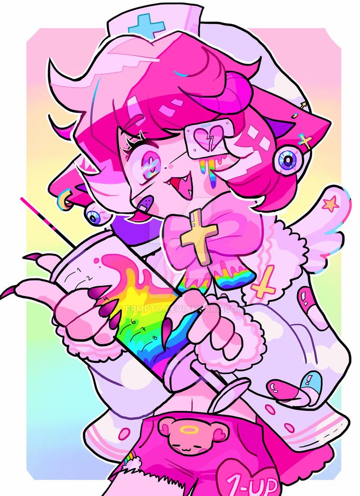 this is a cartoon drawing of a pinkhaired anime girl in a nurse's outfit with a rainbow syringe. she has a pink bow, a big halo, a broken heart bandaid on her cheek and angel wings. she is holding a huge rainbow syringe with a pink and white cross on her shirt. her pants are also pink and have a  7up logo.