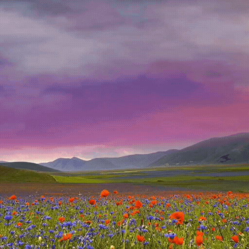 the image shows a beautiful landscape with a field of red poppies and blue cornflowers in the foreground. in the background, there are rolling green hills and mountains under a dramatic purple sky with clouds.
