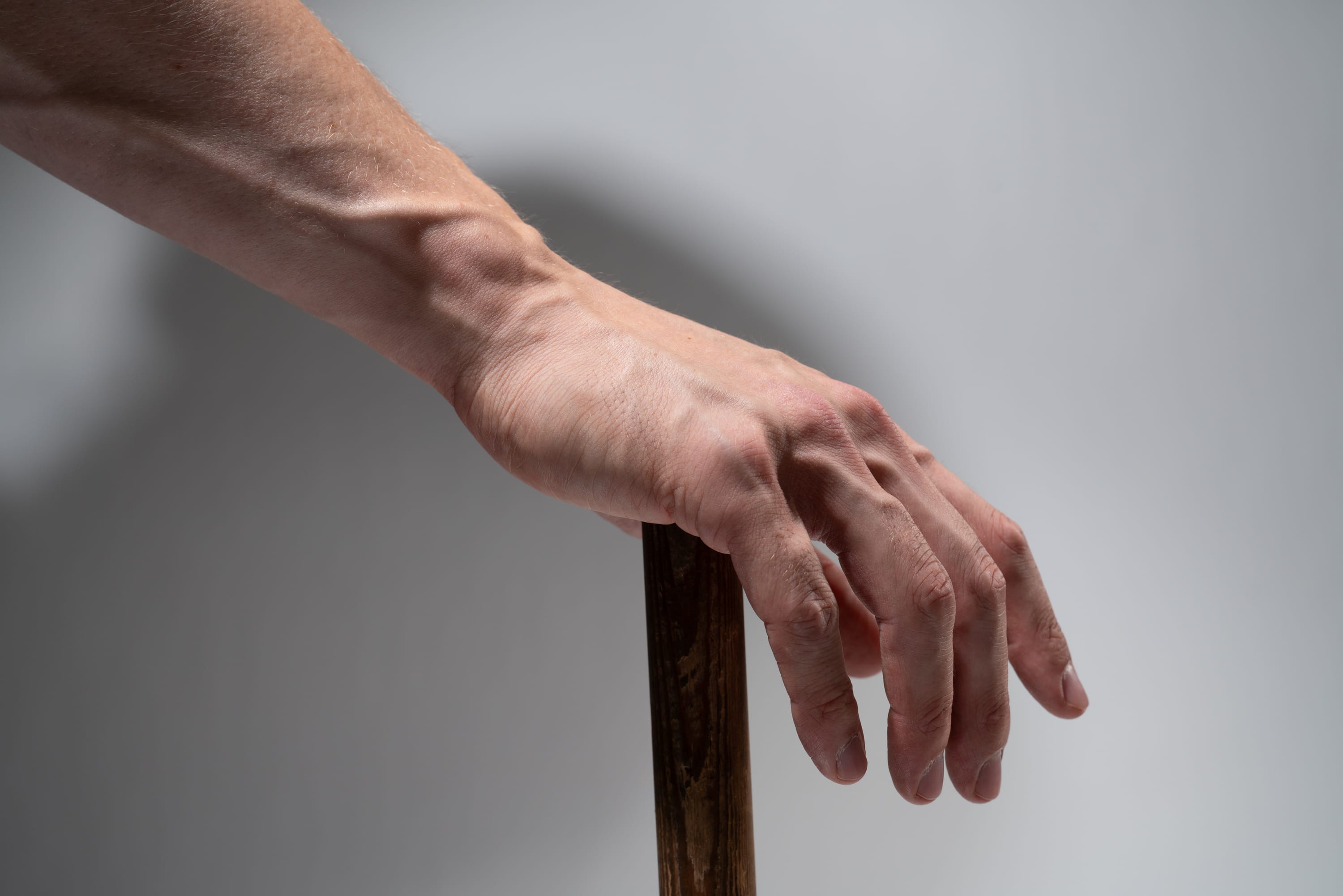 a man's right hand grips a wooden stick against a plain white background. the lighting is soft and natural. the hand is strong and muscular, with prominent veins. the image conveys a sense of power and control.