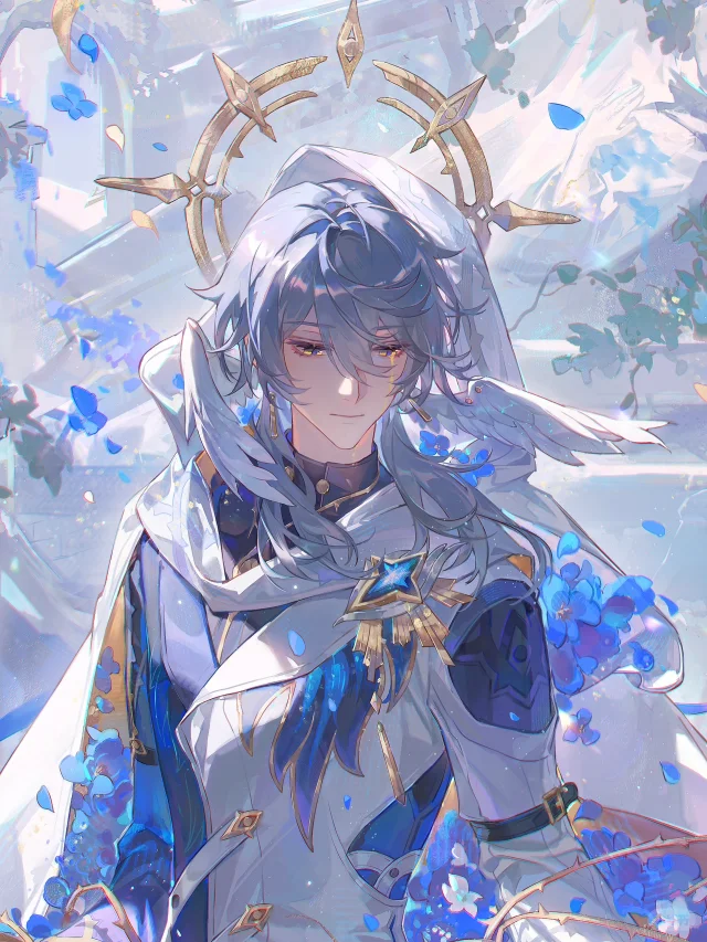 the image is a digital fanart depicting albedo from genshin impact. he is a young man with long, flowing white hair and blue eyes. he is wearing an elegant, white outfit with gold accents and blue details. blue flowers are scattered around him.  he has a serene expression and is positioned against a softly rendered background suggesting a dreamy or ethereal setting.  a golden halolike circlet is positioned above his head, enhancing his celestial appearance. the overall style is soft, painterly, and detailed, emphasizing the character's delicate features and graceful pose.