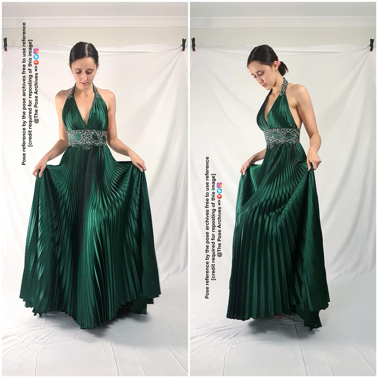 a young woman is modeling a long, emerald green halter dress. the dress has a pleated skirt and a beaded bodice. she is posing against a white backdrop, holding the skirt of her dress in both hands. the image is a sidebyside comparison of the same pose, with the woman looking down at her dress in both photos.