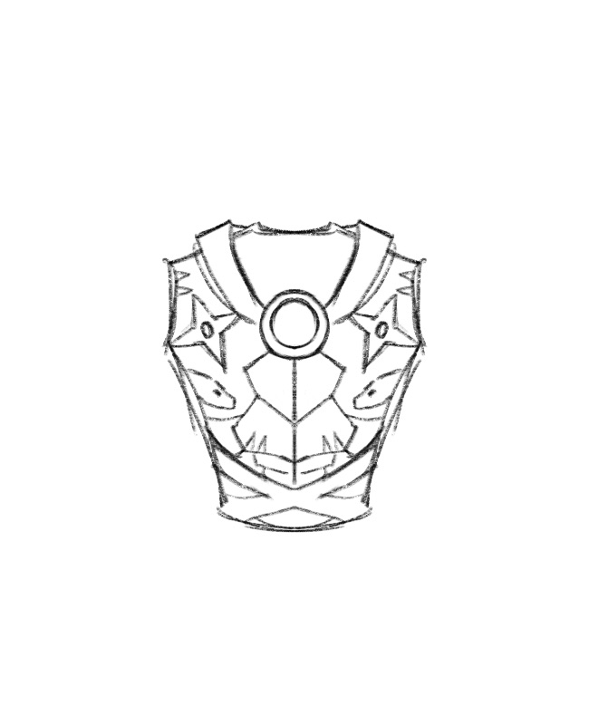 a sketch of a torso armor with a round centerpiece at the neck, geometric shapes, and starlike accents on the upper chest area.