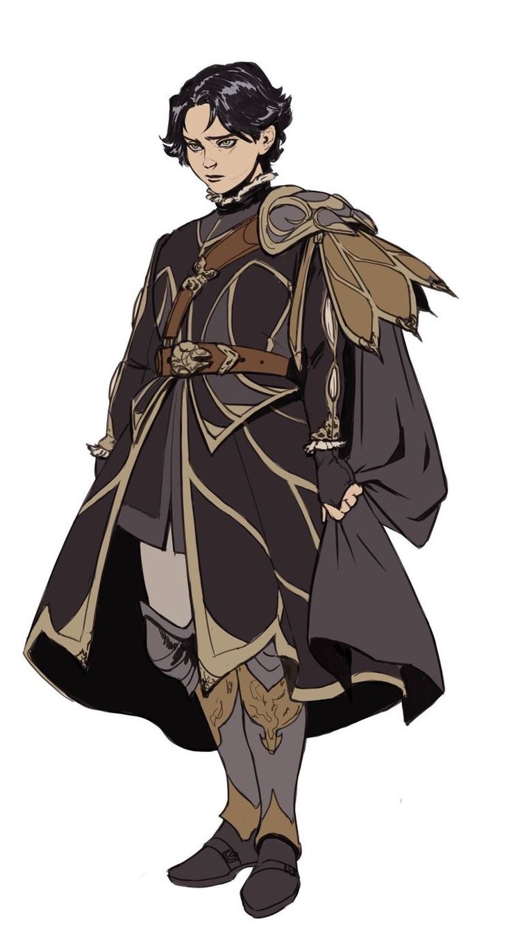 this is an illustration of a young male fantasy character, standing and looking directly at the viewer. he has short black hair, brown eyes, and wears a dark black and gold colored armor. his armor is complete with a long flowing cape, as well as a sword at his hip. he seems to have a serious expression on his face. he appears to be a prince or a warrior of high status.