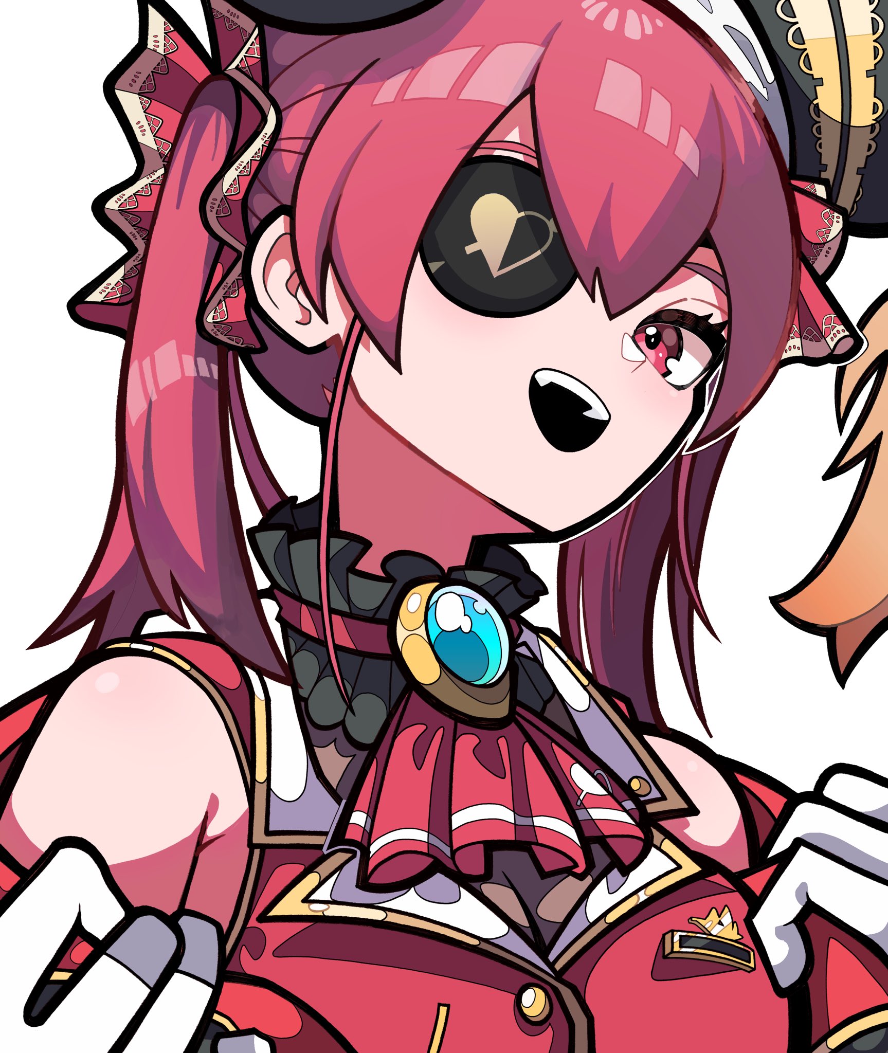a closeup portrait of a young anime girl with red hair, a black eye patch with a heart symbol, and a wide smile. she is wearing a red and gold outfit with a white collar and a black bow. her left eye is visible and has a red tint. she is facing towards the right side of the image. the background is white. the image is done in a cartoon style.