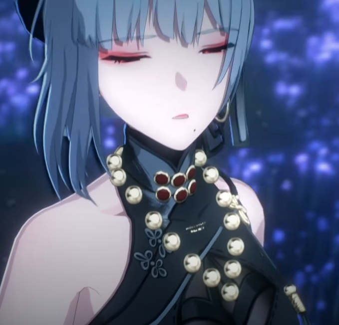 a close up of an anime girl with blue hair and red eye shadow. her eyes are closed, and she has on a black top with gold buttons and a black and gold necklace. the background is a blurry blue and white.