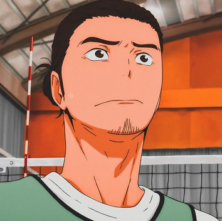 a closeup portrait of a young male anime character, depicted in a serious and determined expression. he is dressed in a green athletic jersey and has a characteristic hairstyle. the character's face is filled with focus and determination, suggesting he is a dedicated athlete, possibly involved in a sport like volleyball. the setting appears to be a sports gym or arena, with a volleyball net visible in the background. the artwork is rendered in a digital style with vibrant colours and clear outlines, characteristic of anime and manga.