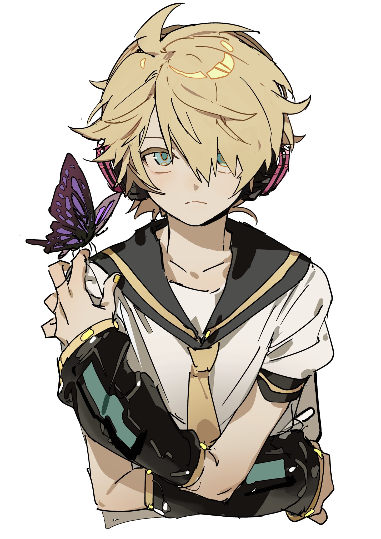 an anime style drawing of a boy with blonde spiky hair, green eyes, and headphones around his neck. he is wearing a school uniform with a white shirt, black collar with gold trim, and a tie. he has black sleeves with teal accents and gold rings on his wrists. a purple butterfly is perched on his finger.