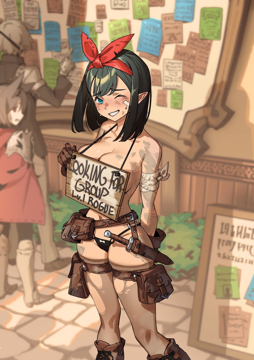 a dark elf woman with blue eyes and black hair in a red bandana stands facing slightly right of center, winking at the viewer.  she is scantily clad in brown leather straps and pouches with metal accents, thighhigh brown leather boots, and a black thong.  she holds a roughhewn wooden sign in her hands that reads "looking for group lvl 1 rogue." her expression and posture convey a playful confidence. in the background is a wall covered with various notices and papers, some of which are partially obscured. to the left of the woman, another female figure with long white hair is partially visible, her expression unreadable.  the overall style of the image suggests a fantasy video game or anime aesthetic.