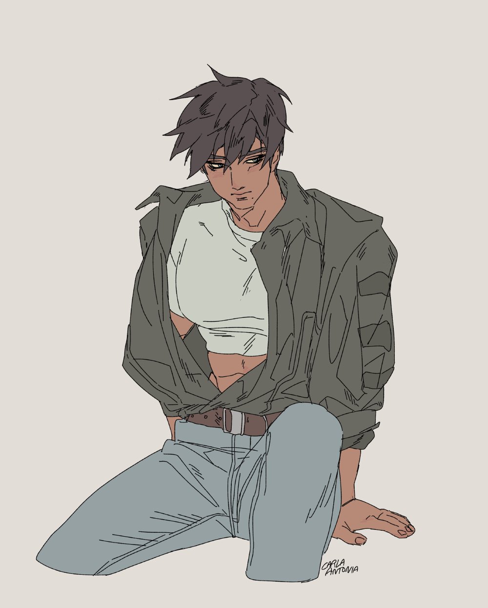this is an illustration of a man sitting with his legs crossed. he is wearing a dark green jacket over a white crop top and blue jeans with a brown belt. he has dark brown hair and is looking down at something. the art style is simple with basic lines and coloring.