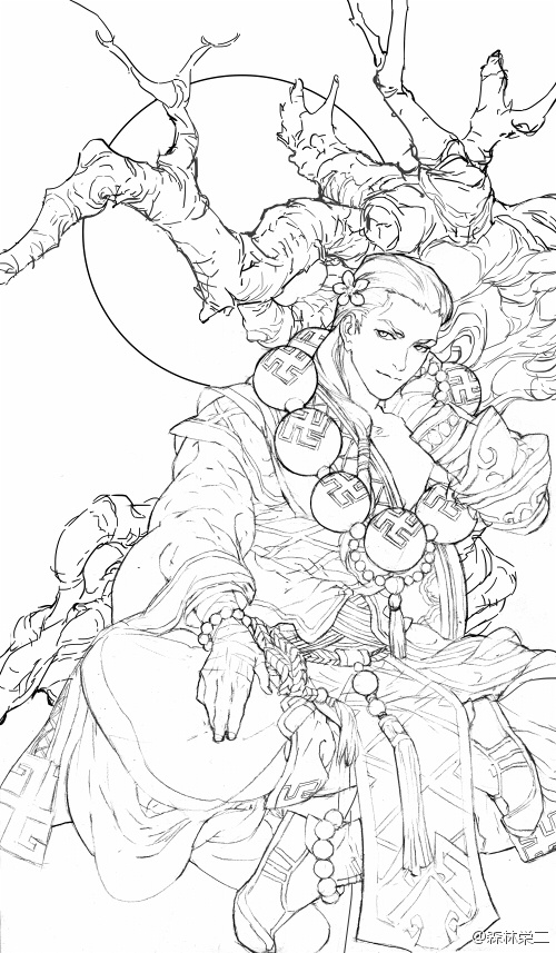 this black and white sketch depicts a male character with features of a warrior monk, seated gracefully amidst the branches of a stylized tree. a full moon forms a halo behind his head, creating dramatic backlighting. he wears flowing robes adorned with intricate details and beads, while his expression exudes both power and serenity. his pose suggests a moment of contemplation or perhaps a display of inner strength. the overall aesthetic leans towards a fantasy interpretation of ancient chinese culture.