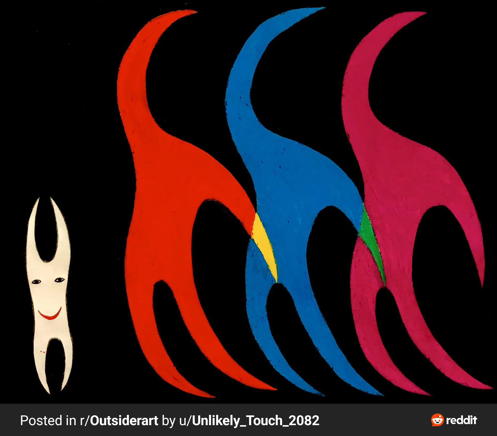 the image shows a piece of outsider art featuring three stylized figures in red, blue, and pink against a black background. the figures are abstract and reminiscent of flames or dancing figures.  a smaller, offwhite figure with a simple face is positioned to the left, seemingly separate from the larger trio. the artwork has a childlike or naive quality due to its simple shapes and bold use of color. the image includes a caption indicating it was posted on reddit in the r/outsiderart subreddit.