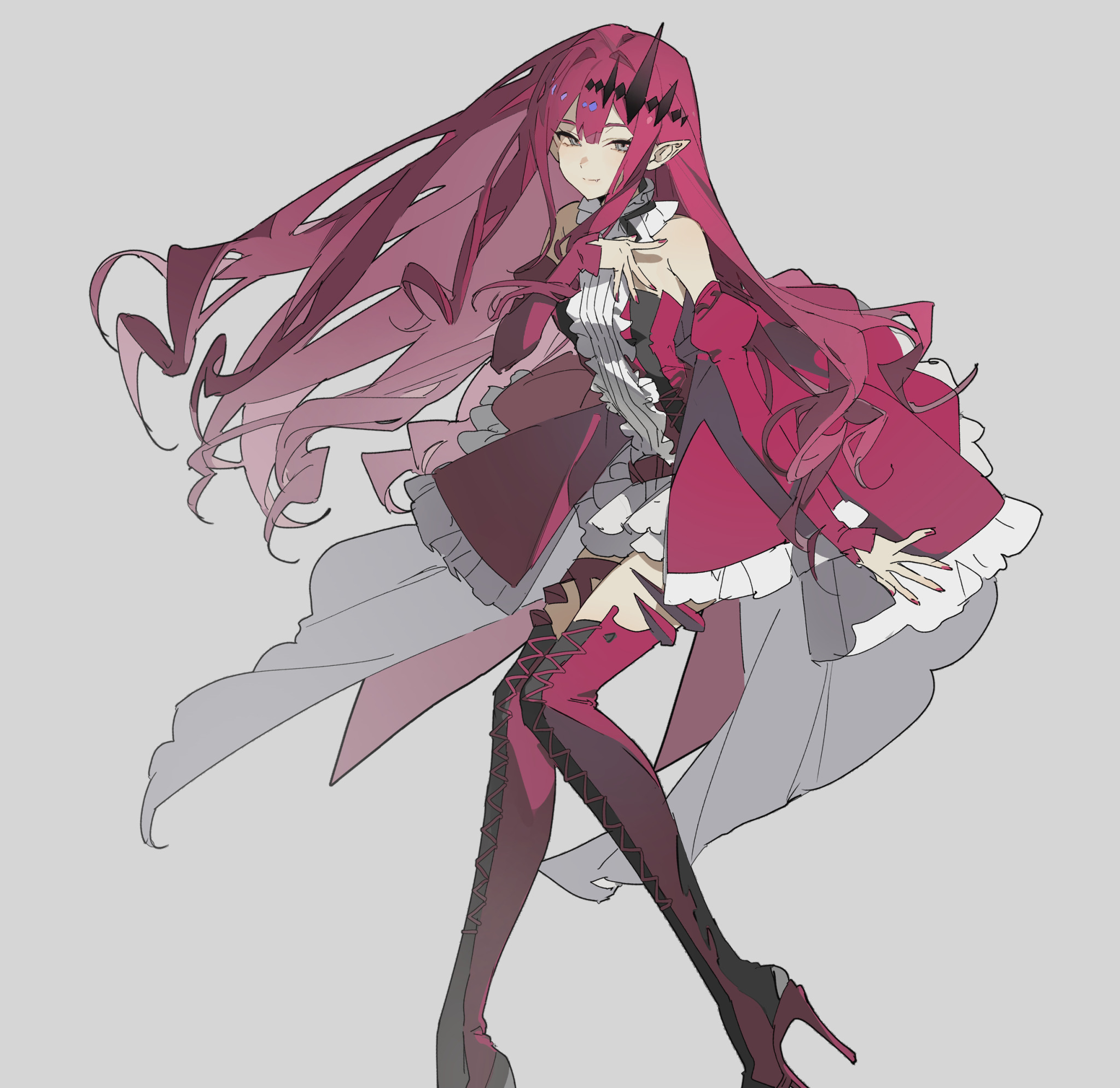 the image depicts a fullbody illustration of an anime girl with long, flowing red hair and small black demon horns. she has pointed elf ears and pale skin, and her eyes are a striking red. she is dressed in a red dress with ruffled white trim and is wearing thighhigh boots with laceup details and high heels. her hair is blowing in the wind. the background is a solid grey color. she is standing in a dynamic pose.