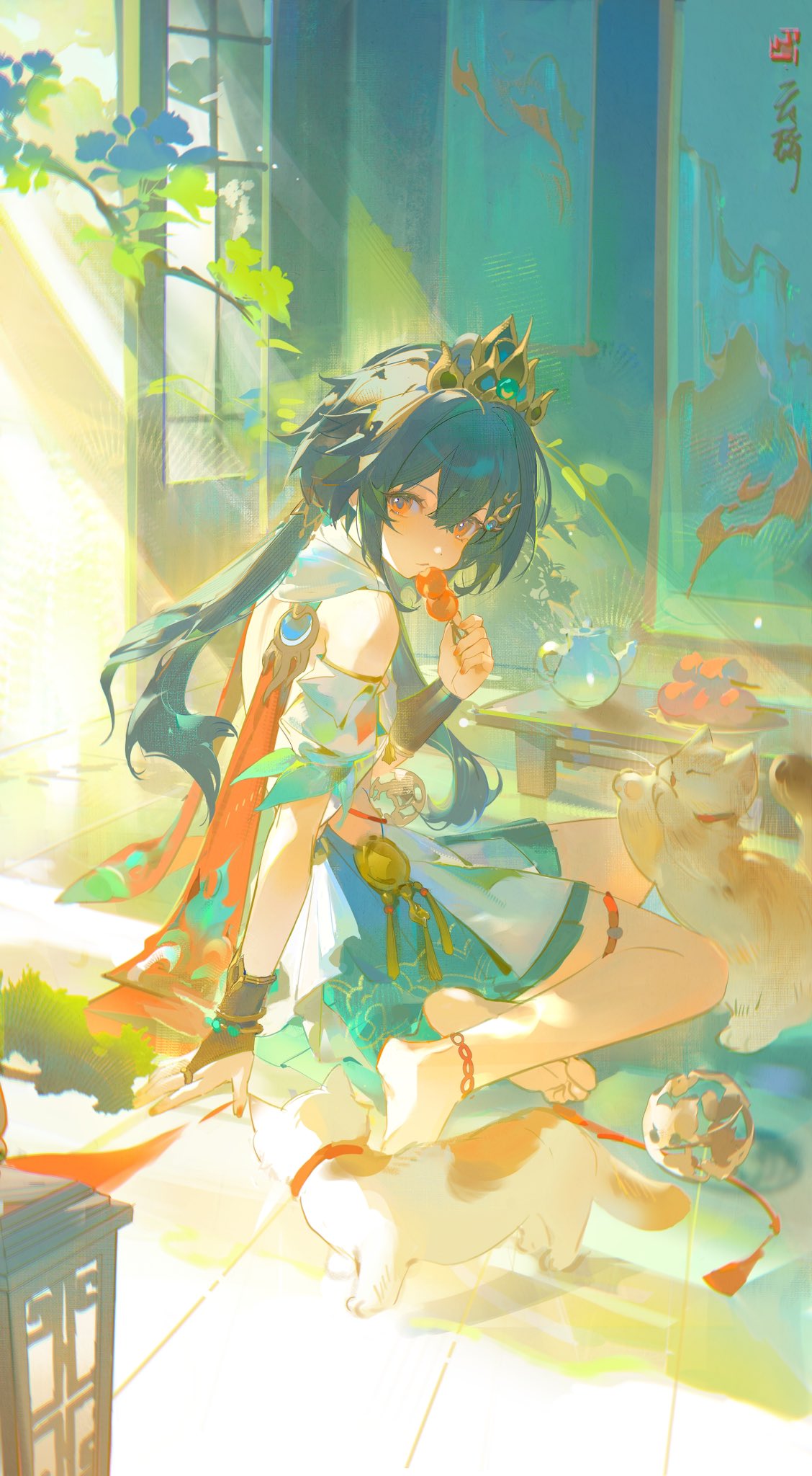 a darkhaired anime girl with teal eyes, wearing an elaborate white and teal outfit, sits on the floor of a sunlit room. she holds a red lollipop in her hand. two cats lounge near her feet. a bonsai tree stands to the left, and a traditional teapot sits on a stand behind her.  the scene has a soft, painterly quality.