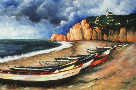 an oil painting of several rowboats on a beach with a steep cliff rising up on the right side. there is a winding path leading up to a church at the top. the water is a dark bluegreen with small waves crashing on the shore. the sky is a mixture of blue and gray clouds.