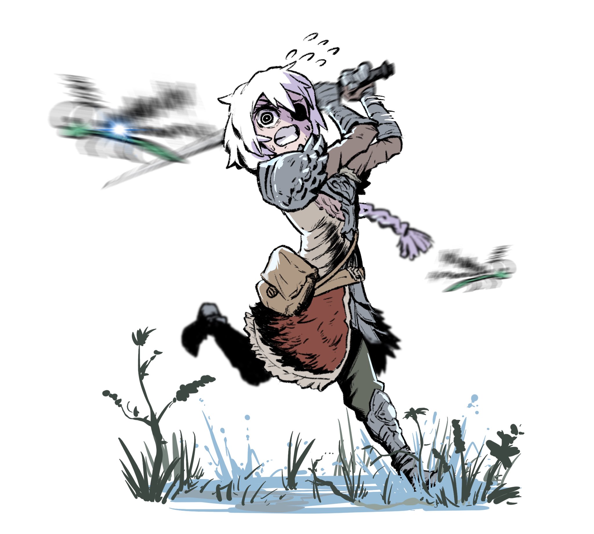 a female warrior is running through a swamp or a forest, holding a sword and looking scared. she's wearing leather armour and has long grey hair. her expression is one of surprise and shock.  the scene is framed as if from a comic book or manga. the art style is vibrant and colorful, with a distinct sense of movement and energy.
