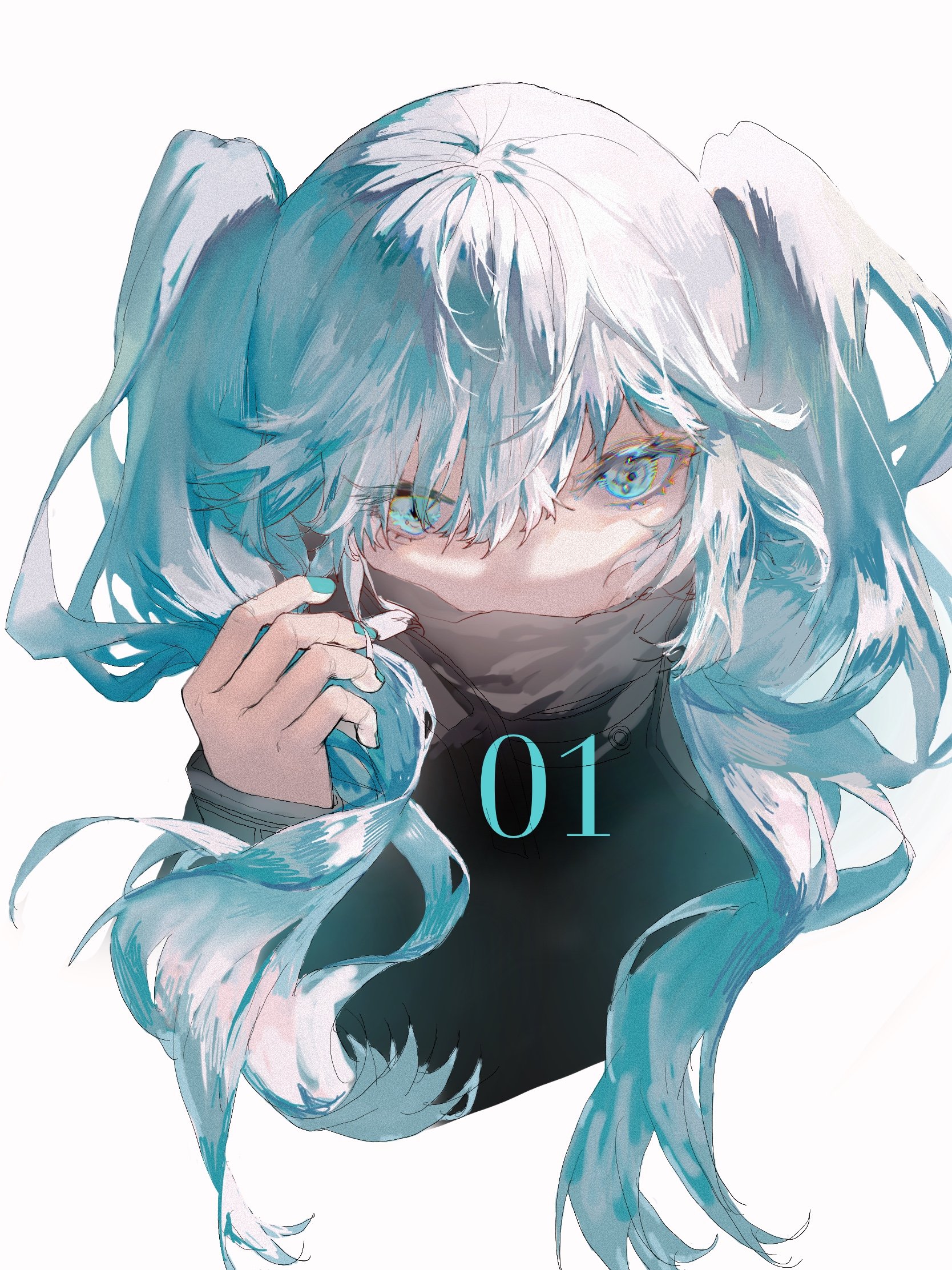 the image is a digital painting or illustration in the style of anime and manga. it features a young woman with long, flowing teal hair styled in twintails. her face is partially obscured by a darkcolored mask or scarf, leaving only her eyes, which are a striking blue, visible.  she has a serious, almost intense expression. the art style is painterly and stylized, with loose brushstrokes and a focus on expressive lines and color. the number "01" is prominently displayed, suggesting it could be cover art for a manga or graphic novel, perhaps indicating volume one. the overall mood is mysterious and intriguing.