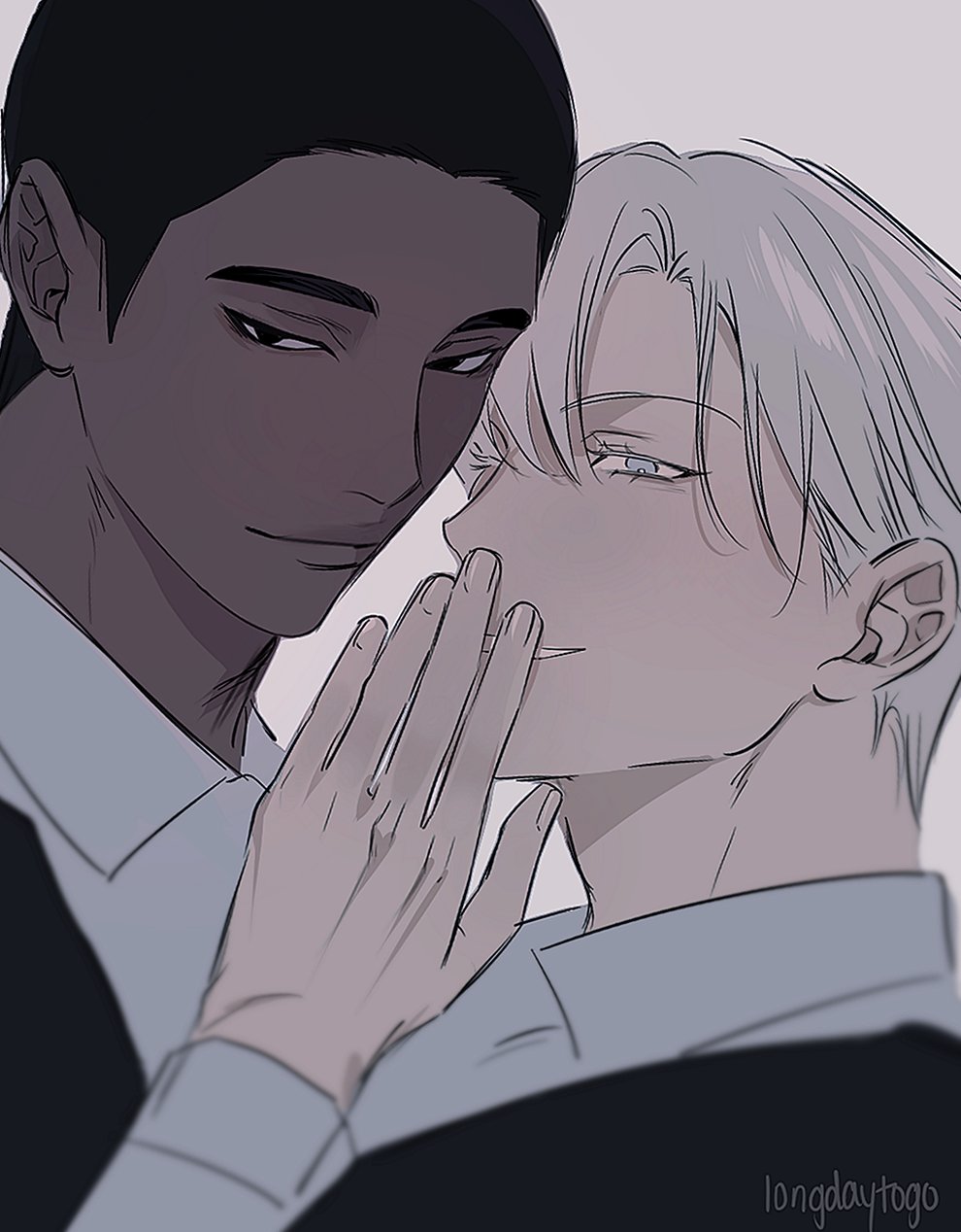this is fanart depicting a romantic scene between two men. the man on the left has dark skin and is wearing a dark suit, while the man on the right has light skin and light hair, also wearing a suit. the man on the right is gently placing his hand over the man on the left’s mouth.  the style is reminiscent of manhwa or other east asian webtoons, with a focus on clean lines and soft shading. the overall mood is intimate and romantic. the artist's signature "longdaytogo" is visible in the bottom right corner.