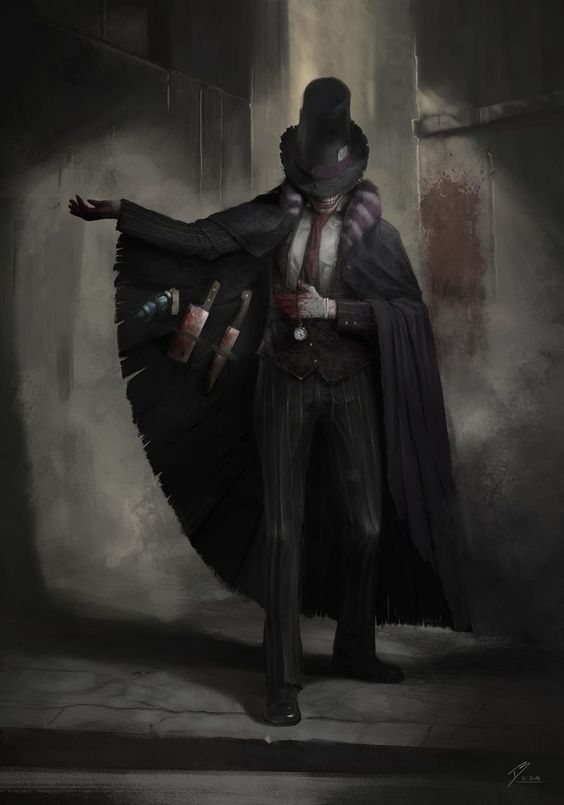 the image showcases a chilling figure, likely a malevolent entity, standing in a dimly lit, grimy city alley. he is clad in a long black coat with an exaggerated collar and a matching top hat, casting an imposing silhouette. his face is concealed in shadow, save for a sinister grin, hinting at a menacing nature. a tattered cape, adorned with various knives, hangs off his shoulders, further enhancing the character's unsettling aura. the overall ambiance suggests a dark fantasy setting, possibly with horror elements, and the character's attire evokes a victorianera aesthetic.
