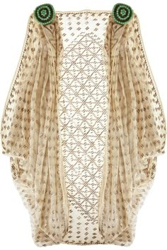 beige crocheted  sheer sleeveless cardigan with floral embroidered design.