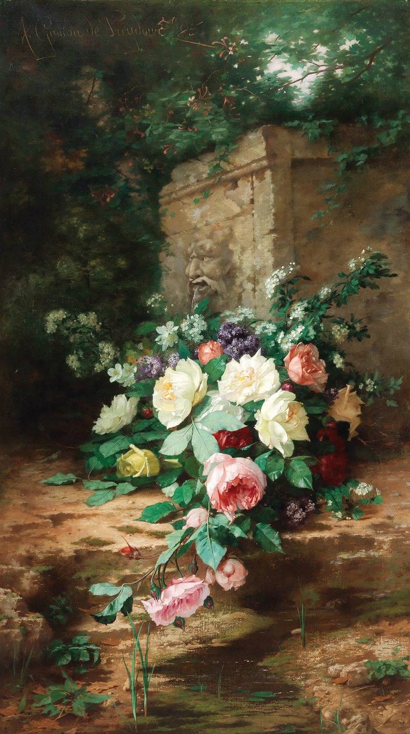 this is a classic painting depicting a lush garden scene. a stone fountain with a sculpted face spouts water, surrounded by an abundant arrangement of roses in various colors, including white, pink, red, and yellow. the foliage is dense and green, adding to the romantic and vintage feel of the artwork.