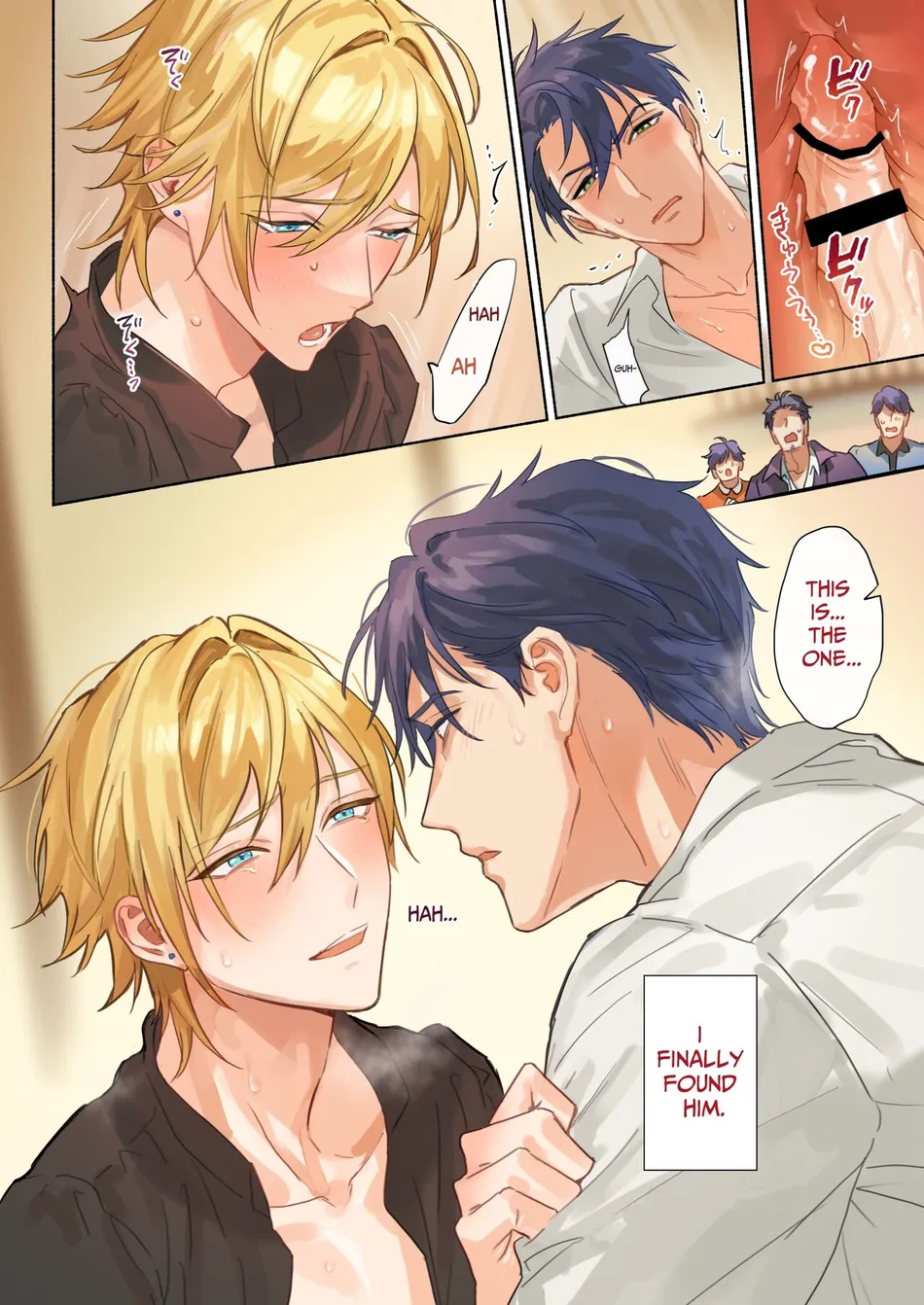 this is a scene from a boys love manga. two boys, one with blonde hair and the other with blue hair, are shown in a loving embrace. the blondehaired boy is blushing and has a happy expression, while the bluehaired boy is looking at the viewer with a loving expression. there is a text bubble above the bluehaired boy that says "this is... the one..." and another text bubble above the blondehaired boy that says "i finally found him." the background is blurry and the two boys are the main focus of the image.
