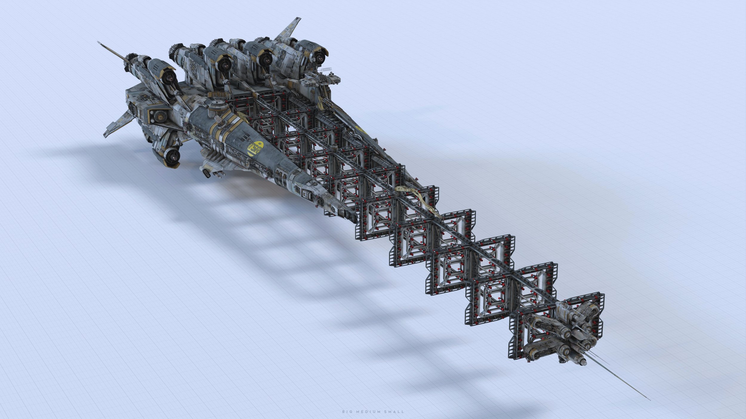 the image is a highresolution 3d render of a futuristic spaceship. the vessel is long and slender, with a main body that resembles a fighter craft or bomber.  attached to this main section is a long, segmented tail assembly. this tail section is composed of what looks like a grid or array of many square or rectangular panels potentially energy collectors, radiators, or weapon emitters.  the spaceship features gray and metallic coloring, with some yellow and red details. it has multiple engines, wings, and a pointed nose. the overall design is highly detailed, suggesting advanced technology.  the spaceship is depicted against a simple white background, making it the clear focal point of the image. the style is distinctly science fiction.