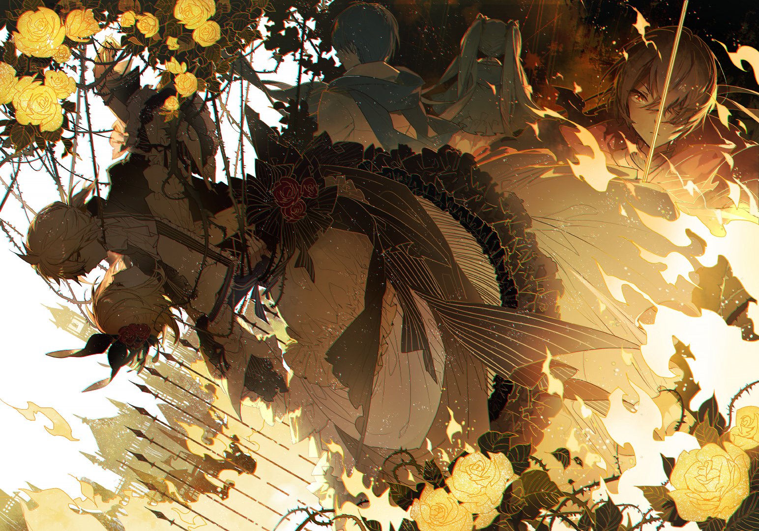 the image is a digital illustration featuring several animestyle characters in a fantasy setting. the foreground and background are adorned with yellow roses and thorny vines. in the lower part of the image, a male character is seen leaning down with a female character at his side. in the background, there is a male character wearing a scarf along with a female character with long hair standing beside him. another male character is positioned to the right, wielding a sword amidst flames. the presence of castles and swords suggests a medieval or fantasy theme.