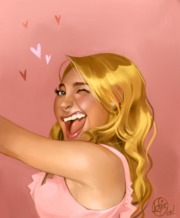 an illustration of a blonde woman taking a selfie with a wink. she has light skin, blue eyes, and is wearing a pink top. the background is pink and has several hearts floating around her head. she is smiling wide, revealing her teeth.