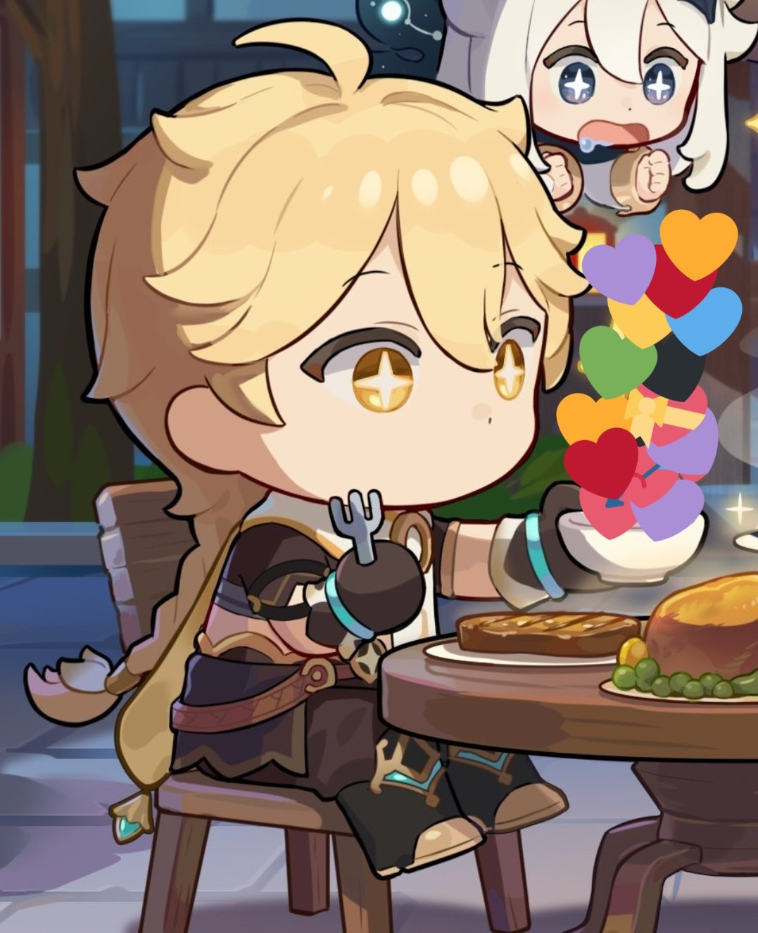 this is a chibi style cartoon image of a character from the game genshin impact. the character is dressed in the style of a character from the game and is eating a steak and some vegetables at a cafe. the character has a fork in one hand and is smiling. the background is a cafe setting.