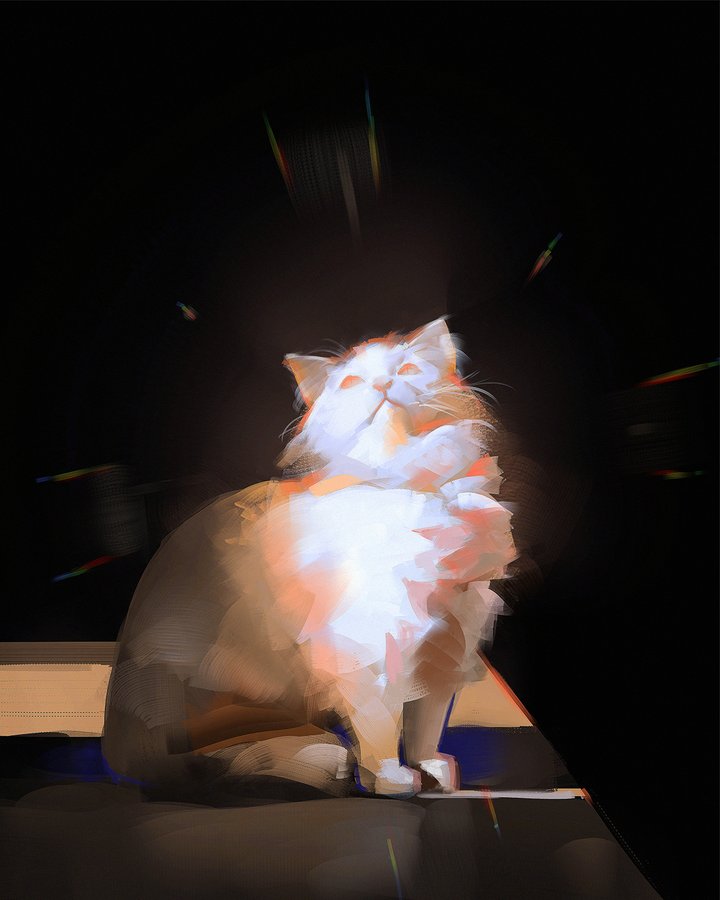 a fluffy cat sits in a beam of light, its fur illuminated from above. the background is dark, creating a dramatic contrast and giving the cat a glowing, almost divine appearance. the style is reminiscent of a digital painting.