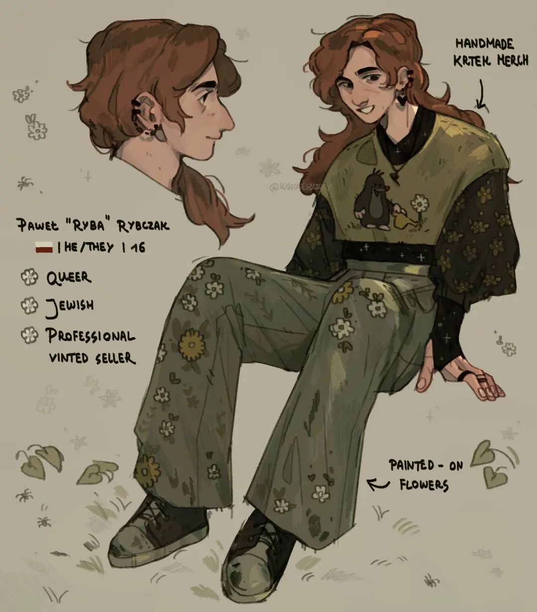 the image is a character design illustration of paweł "ryba" rybczak, a 16yearold who uses he/they pronouns. the illustration includes two views of the character: a profile view of the head and shoulders and a full body view of the character in a relaxed pose.  the character is wearing handmade clothing, including bellbottom pants with paintedon flowers, and a sweater featuring a mole graphic.  detailed descriptions accompanying the art specify the character's identity markers (queer, jewish), occupation (professional vinted seller), and other details about their appearance and belongings.  the style is reminiscent of modern character design common in online communities.