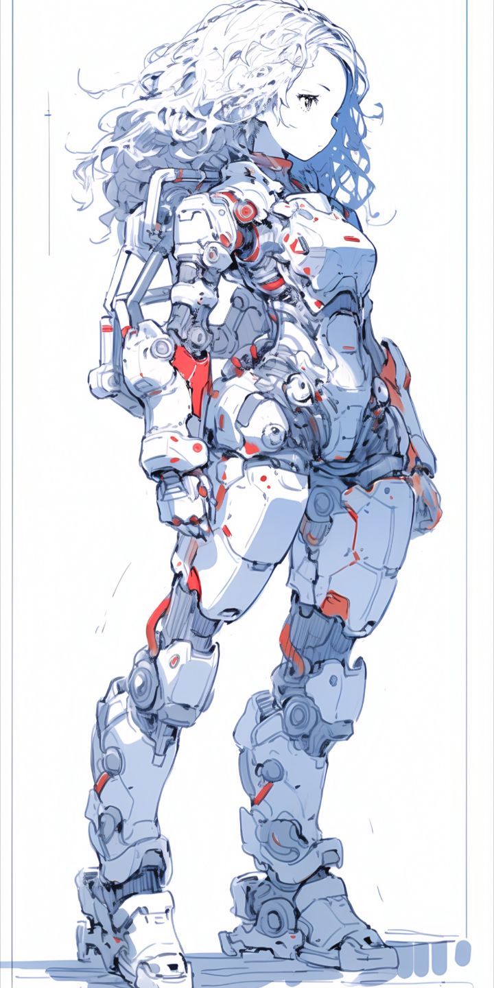 a threequarters view sketch of a girl in a mechastyle exosuit with flowing curly hair.  the suit has red accents at the joints. the style is reminiscent of anime and manga.