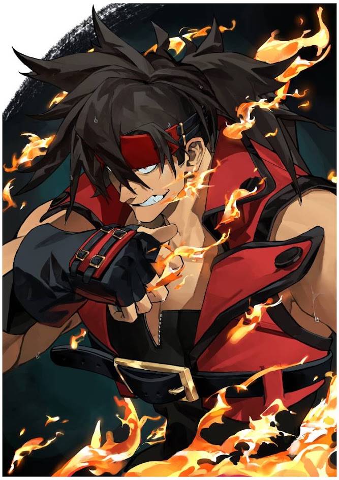 this is a digital art illustration of an anime male character. the character has dark hair, a red bandana, and is wearing a red and black vest. he is surrounded by flames and has a fierce expression on his face. the character appears to be from a fighting game or anime series.