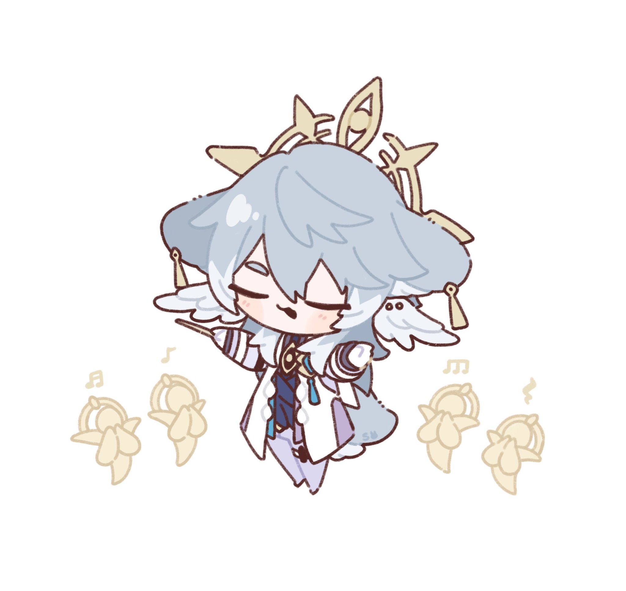 his is a cute chibi fanart of venti from genshin impact. he's depicted in his iconic outfit with his lyre and wings, seemingly playing music as musical notes float around him. the art style is soft, pasteltoned and emphasizes his adorable features.  the background is plain white, which makes the character stand out. the overall impression is one of sweetness and gentle charm.