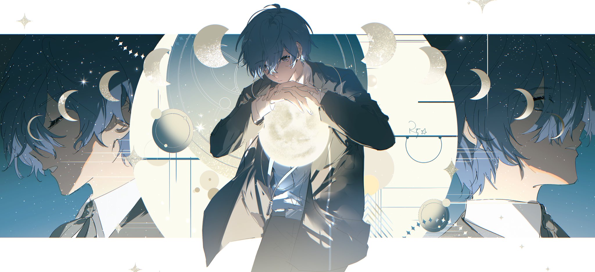 the image features a young anime male character with blue hair. he is wearing a suit jacket and white shirt, holding a small moon in his hands. the background is a night sky with stars, planets, and crescent moons. the artwork is stylized and dreamy.