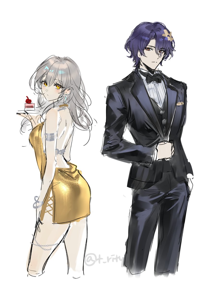 the image is an illustration of a young woman and man in elegant attire. the woman is wearing a gold, backless dress and holding a small cake on a plate. the man is dressed in a dark suit and bow tie.  the style is animeinfluenced, with soft lines and a painterly quality. the characters appear poised and formal, possibly attending a special event. the background is plain white, focusing attention on the figures and their clothing.
