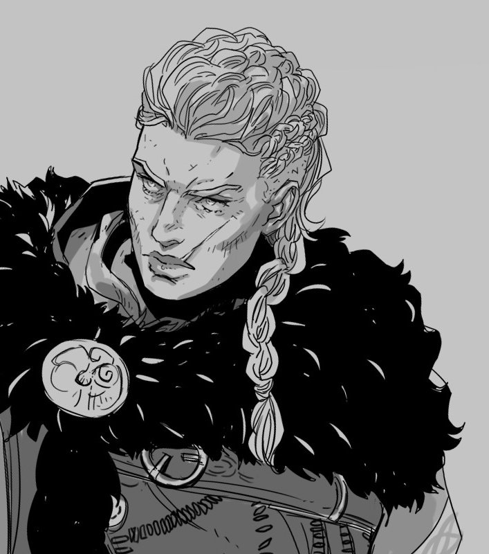 a grayscale illustration of a sternlooking woman with a viking appearance. she has a complex braided hairstyle, a scar on her face, and wears a fur collar over hooded clothing.