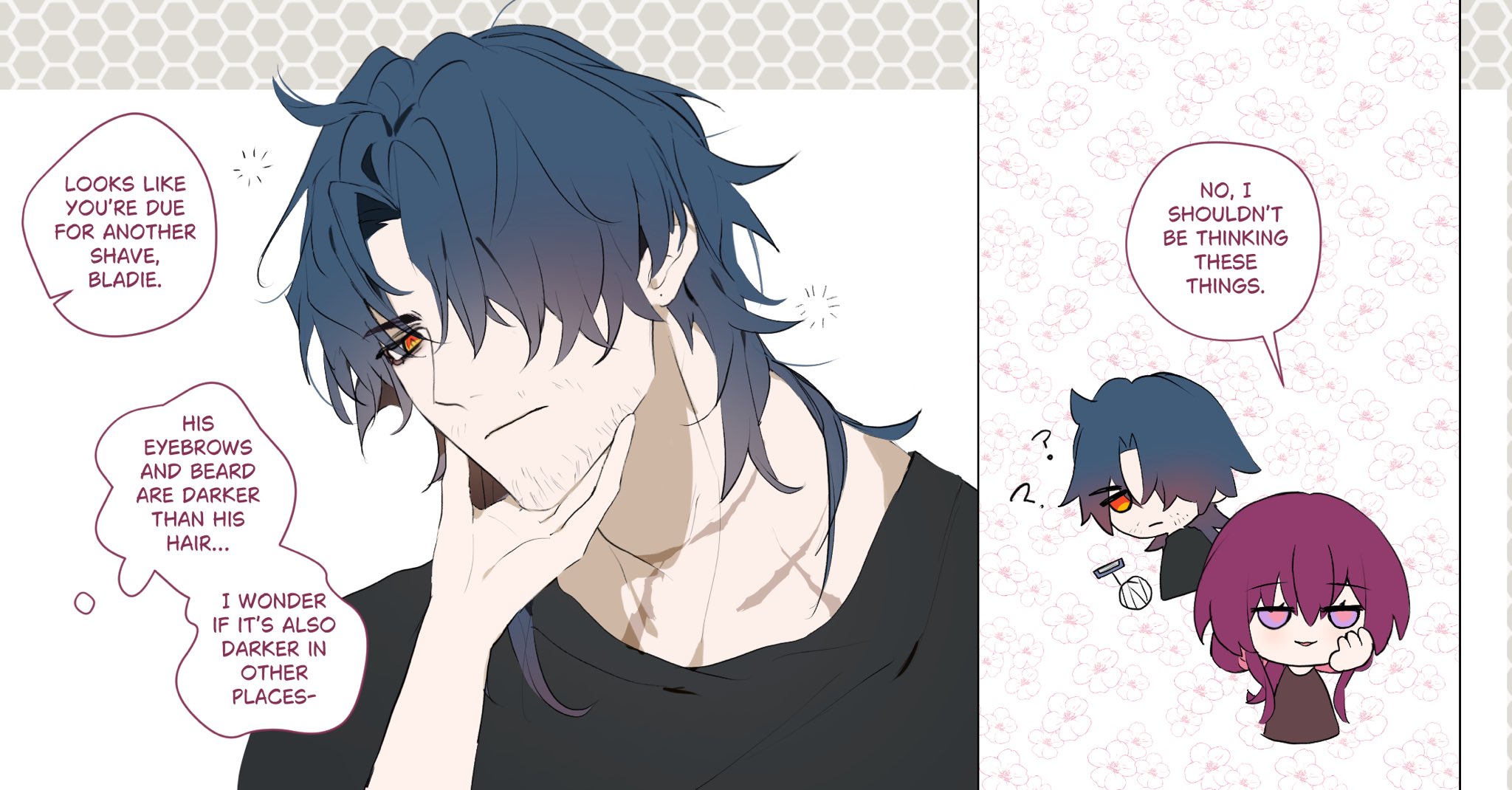 an image from a manga depicting a man and a woman. the man is in a closeup, thinking about his hair, beard, and eyebrows, while the woman is thinking about the man's physical attributes, which are making her blush.  the man has blue hair and is wearing a black shirt. the woman has purple hair and is wearing a brown shirt. they are both drawn in a cartoon style.