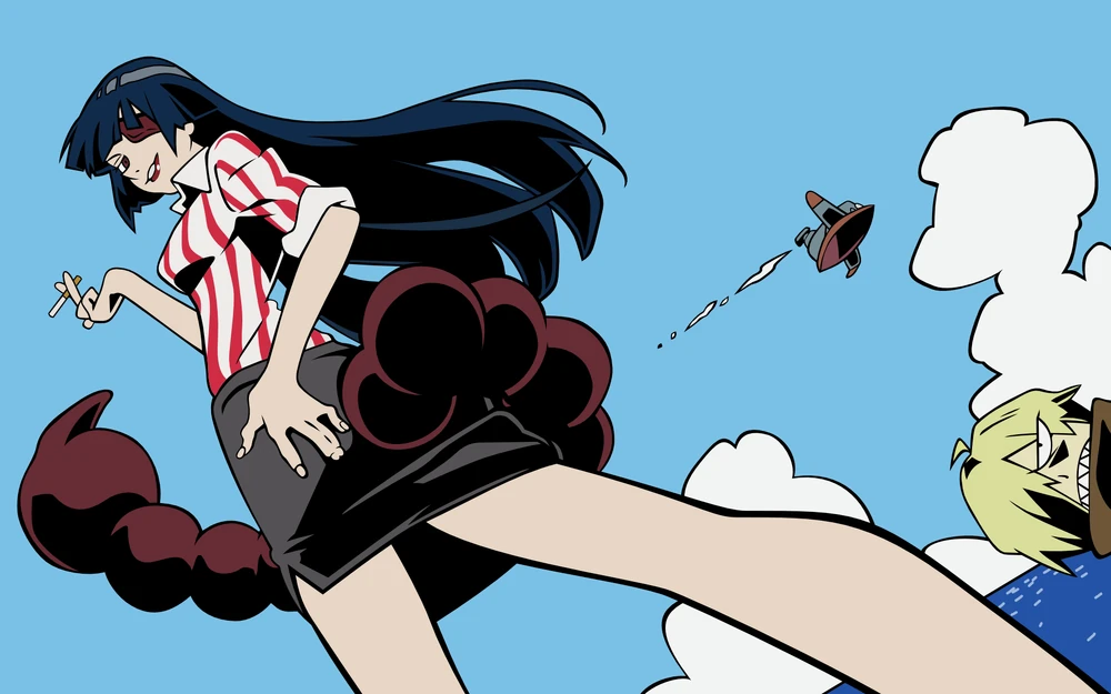 an anime girl with long black hair, wearing a red and white striped shirt, a black skirt, and a scorpion tail, is flying through the air. she has a cigarette in her hand and is smoking. in the background, there are clouds and a jetpack flying. the sky is blue.