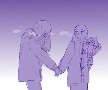the image is a drawing of two anime men. the one on the left is crying and looking down, while the one on the right is holding a bouquet of flowers and smiling. they are holding hands and seem to be together. the style of the drawing is simple and minimalist, and the colors are predominantly purple. the overall feeling of the image is sweet and heartwarming.